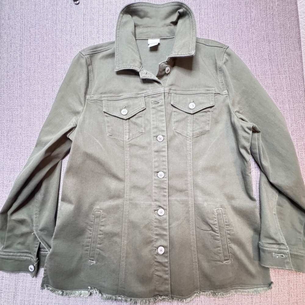 Chico's Olive Green Denim Jacket Frayed Hem Stretch Utility Size 2 US 12/14